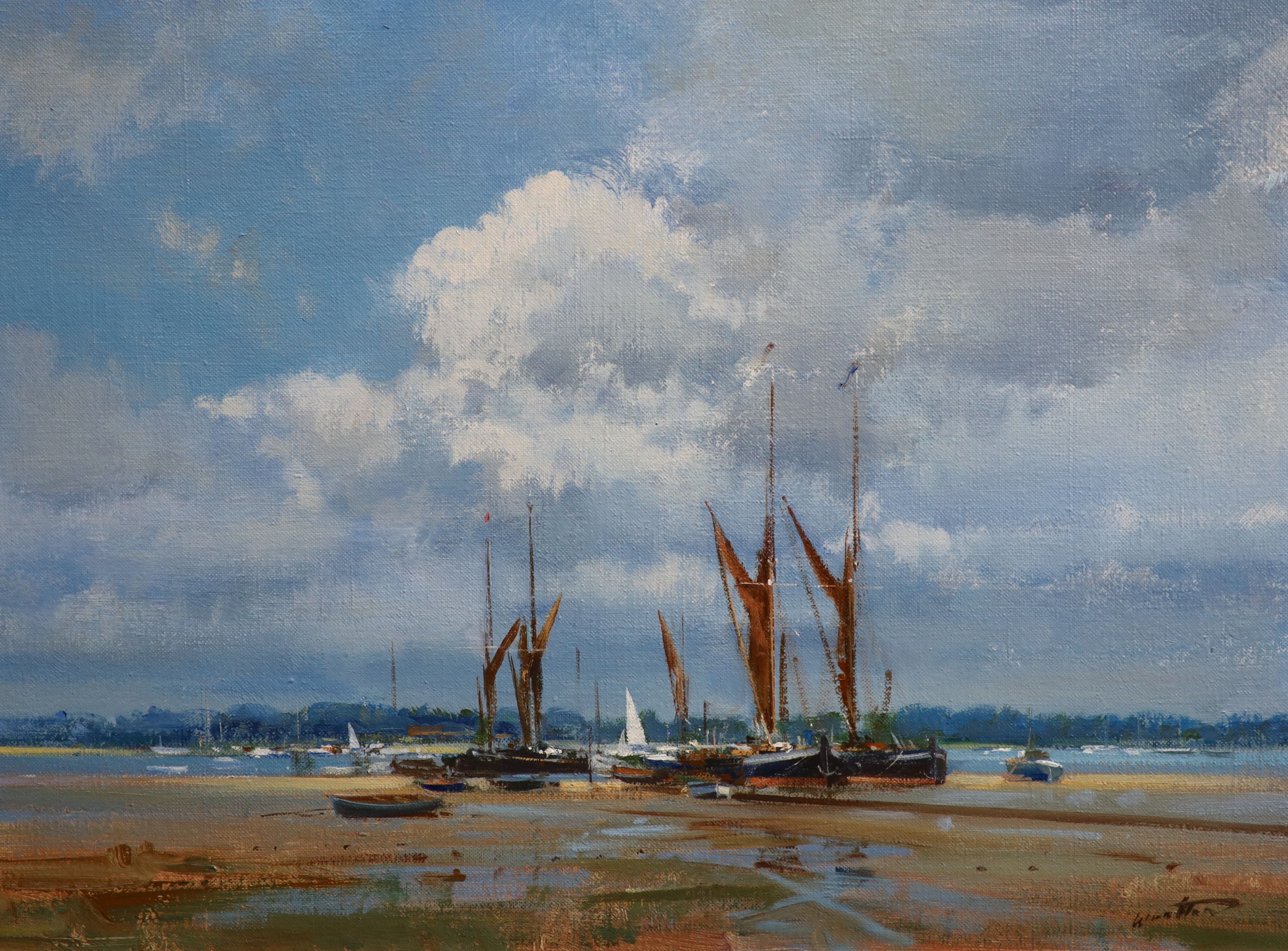 Frank Wootton (1914-1998), Thames Barges, Pinmill, River Orwell, oil on canvas, 34 x 44cm